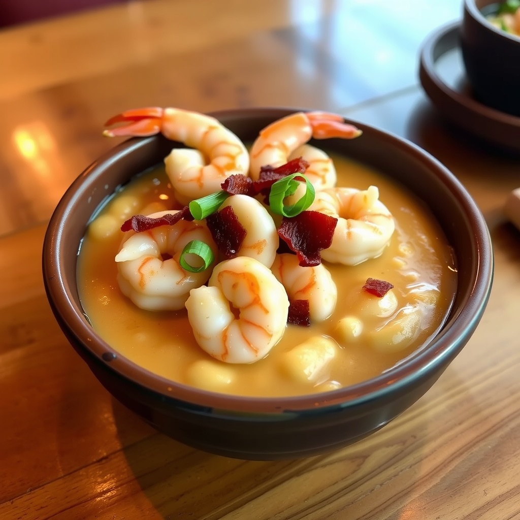 Creamy shrimp and grits topped with bacon and green onions in a rustic bowl.